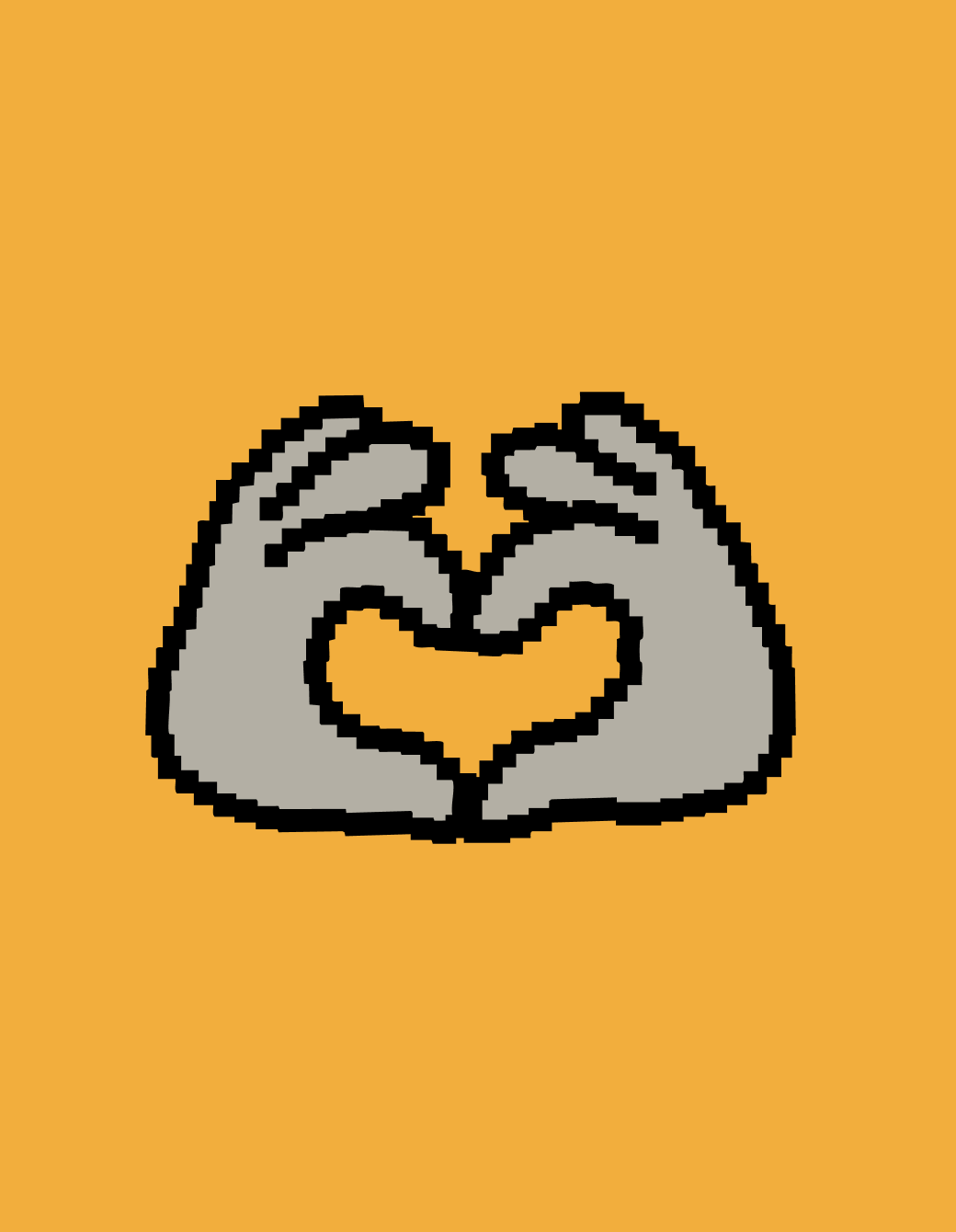 Pixel art illustration of two hands forming a heart shape against an orange background, symbolizing love and connection.