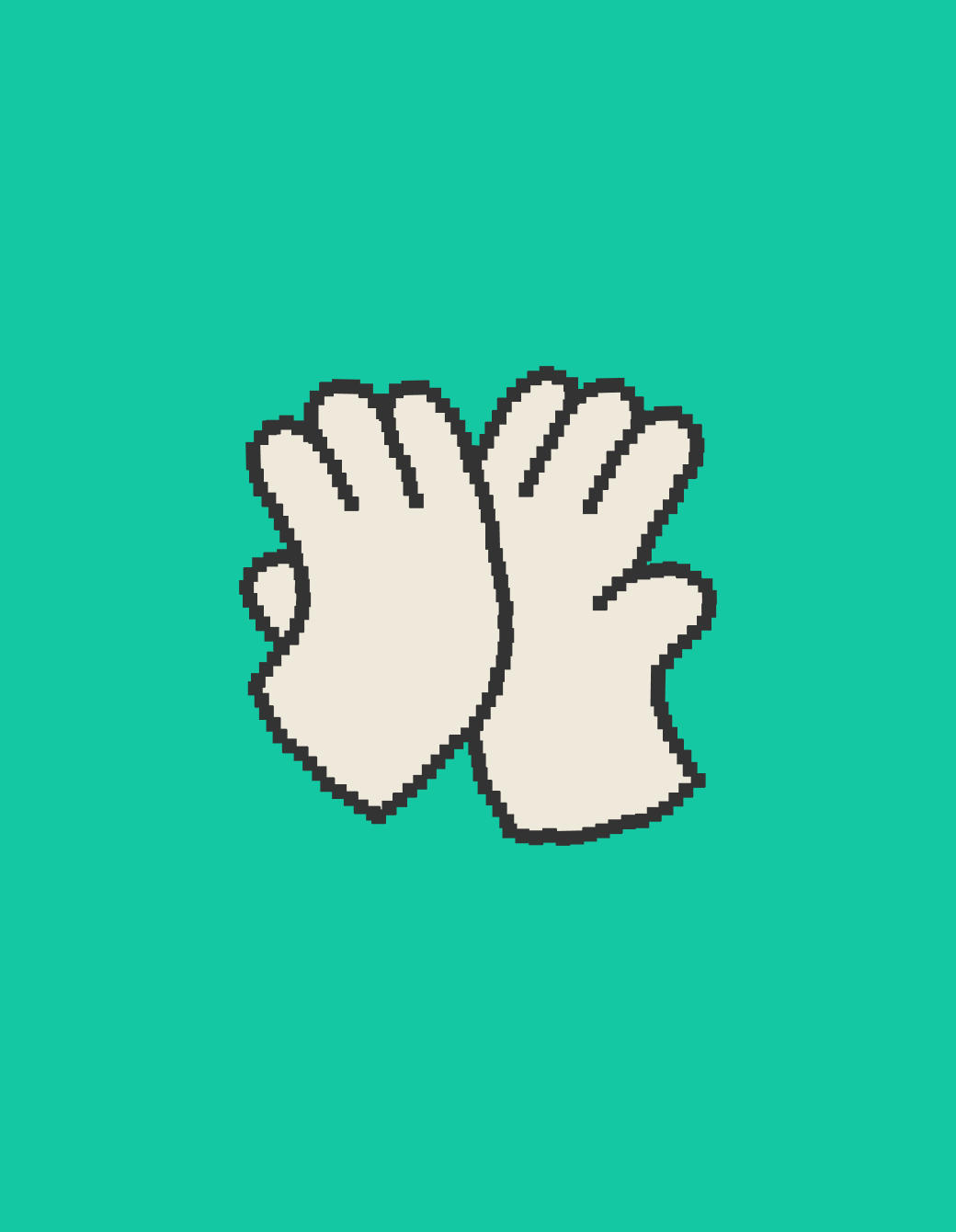 Two cartoon-style white gloves facing each other against a bright teal background, symbolizing interaction or celebration.