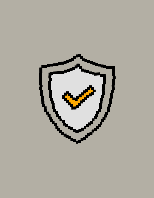 Pixel art shield icon with a check mark, symbolizing security and trust.