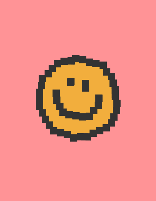 Pixel art smiley face on a pink background, representing happiness and positivity in digital design.